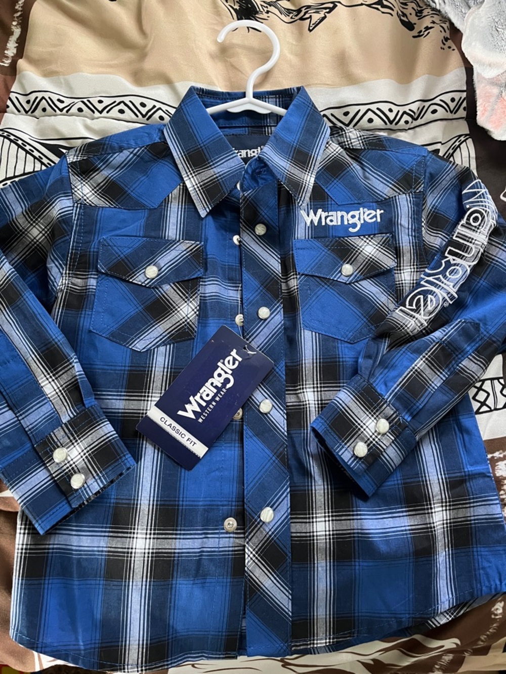 Wrangler Blue & Black Plaid Pearl-snap Western Shirt
